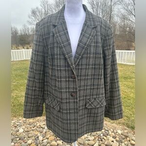Vintage 90s Sag Harbor Grey Blue Wool Plaid Oversized Blazer Preppy Academia 20